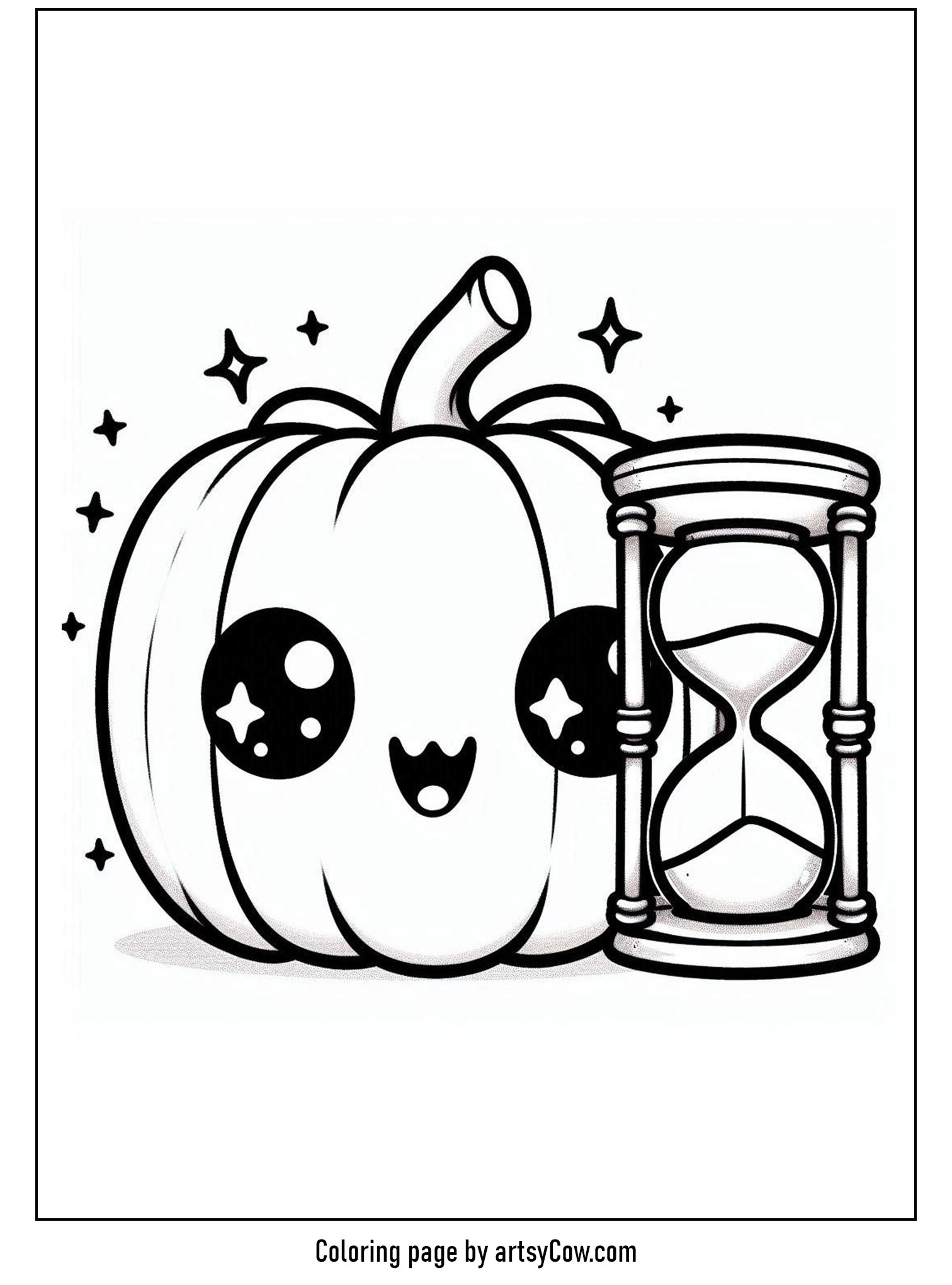 halloween coloring pages with jack-o-lantern, featuring a cute pumpkin and an hourglass.